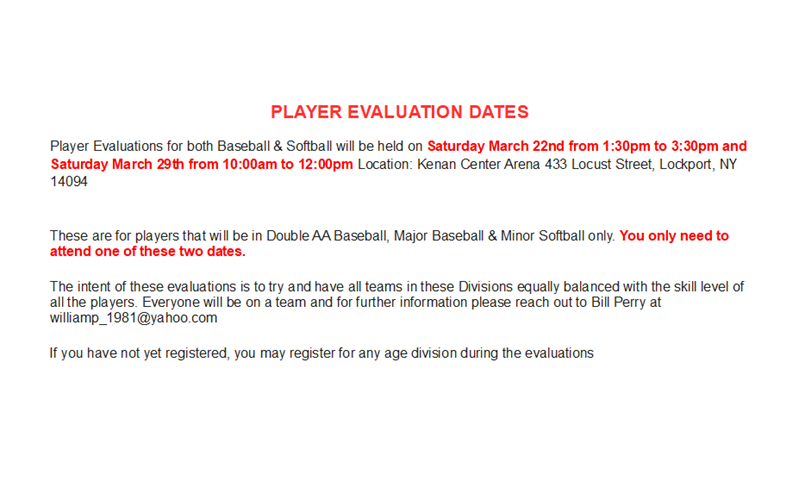 Player Evaluations Dates