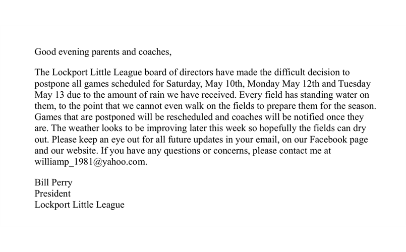 Games postponed for 5/10, 5/12 and 5/13