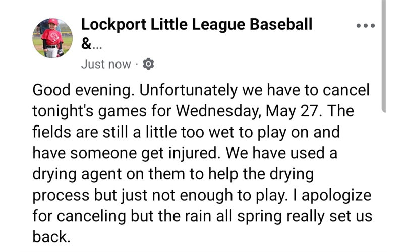 Games cancelled for Wednesday, May 27